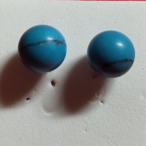 Natural Blue Howlite Gemstone Round Bead Ball Stud Earrings - Picture 1 of 7